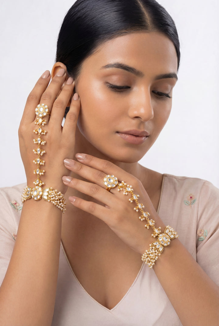 Shazia Lotus Gold Finish Kundan Hathphool - Zevar by Geeta