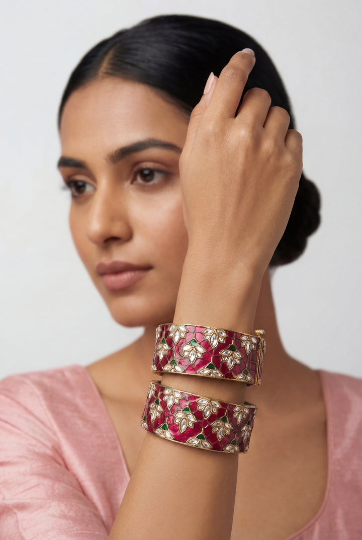 Evara Pink Green Kundan Meenakari Kadas - Zevar by Geeta