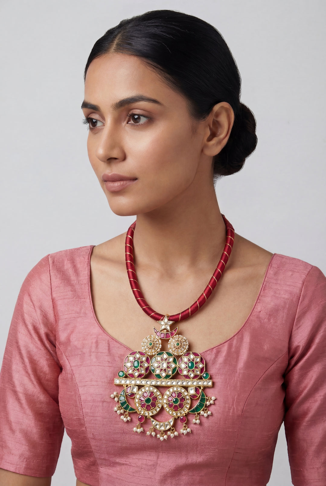 Avira Pink Green Kundan Necklace Set - Zevar by Geeta