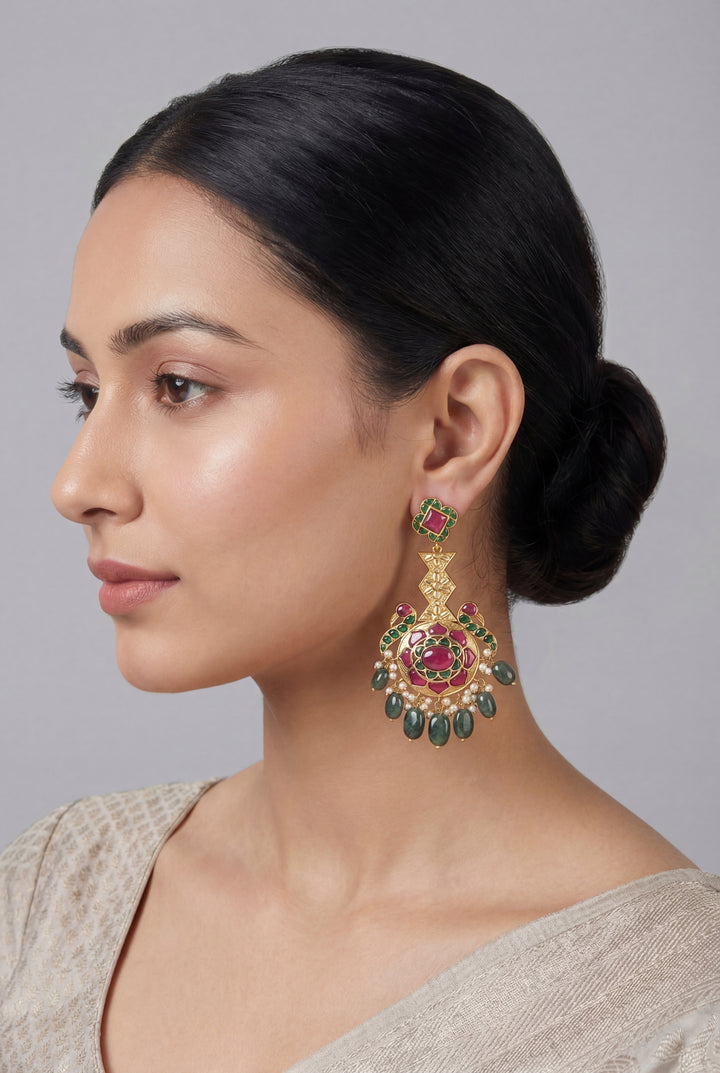 Aeris Pink Green Kundan Earrings - Zevar by Geeta