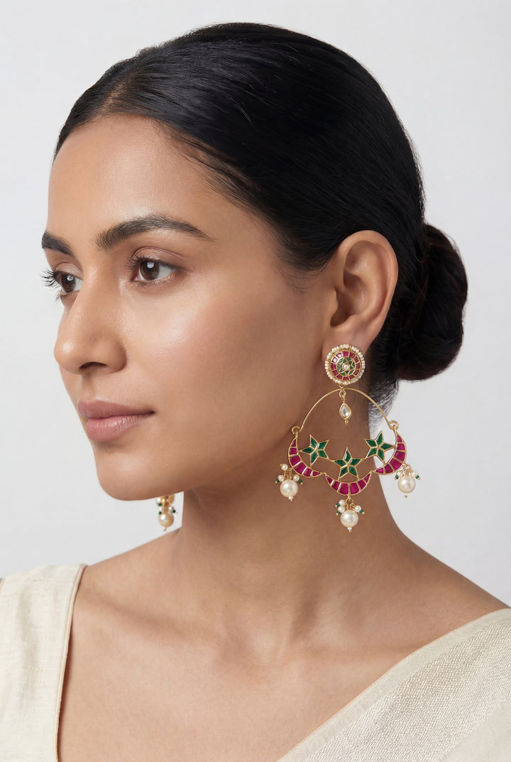 Sitara Pink Green Kundan Chandbalis