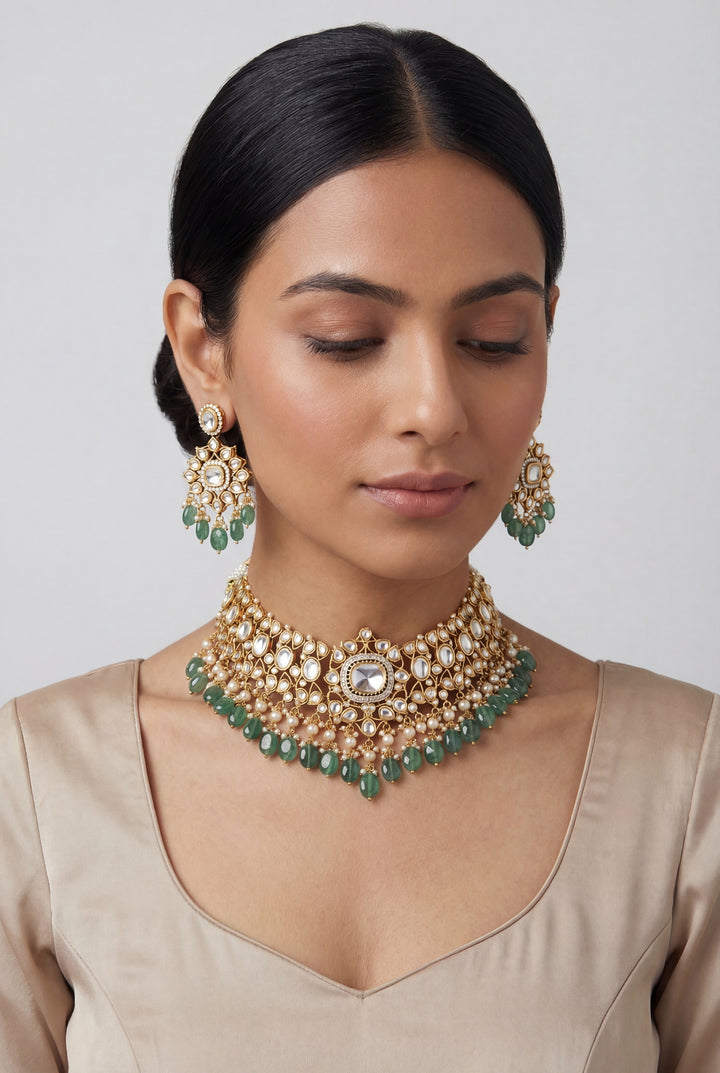 Vasura Green Gold Finish Moissanite Necklace Set
