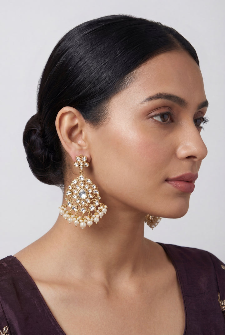 Yukta Gold Finish Kundan Earrings - Zevar by Geeta