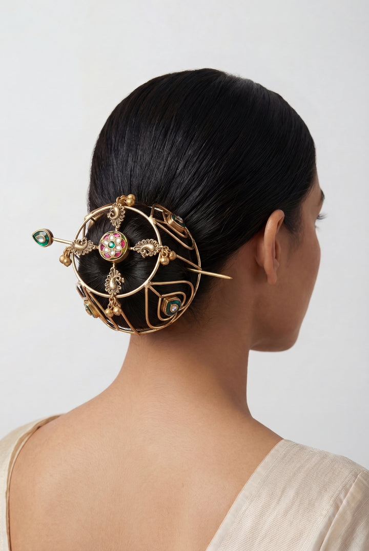 Kritya Pink Green Kundan Hair Bun Cage - Zevar by Geeta