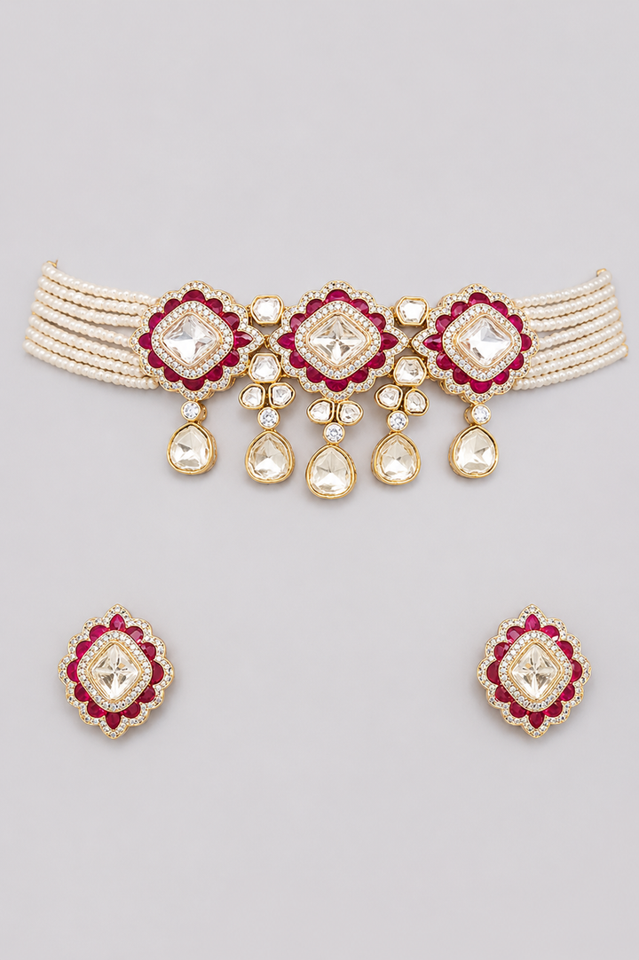 Yadavi Two Tone Finish Red Polki Choker