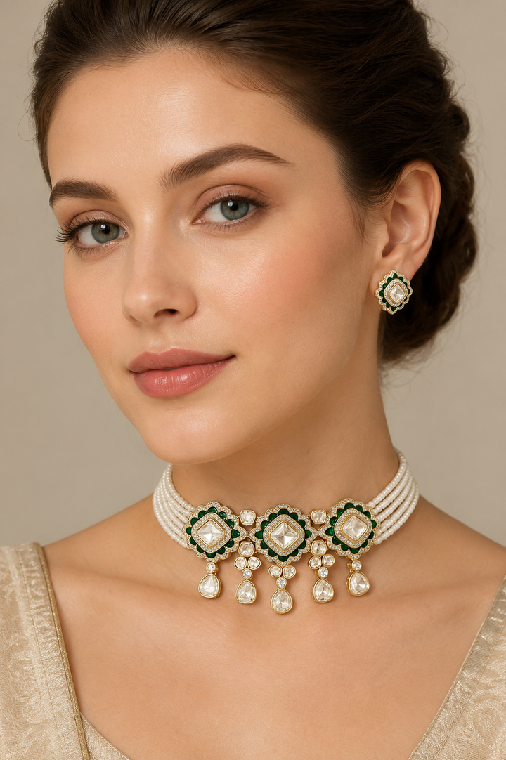 Yadavi Two Tone Finish Green Polki Choker