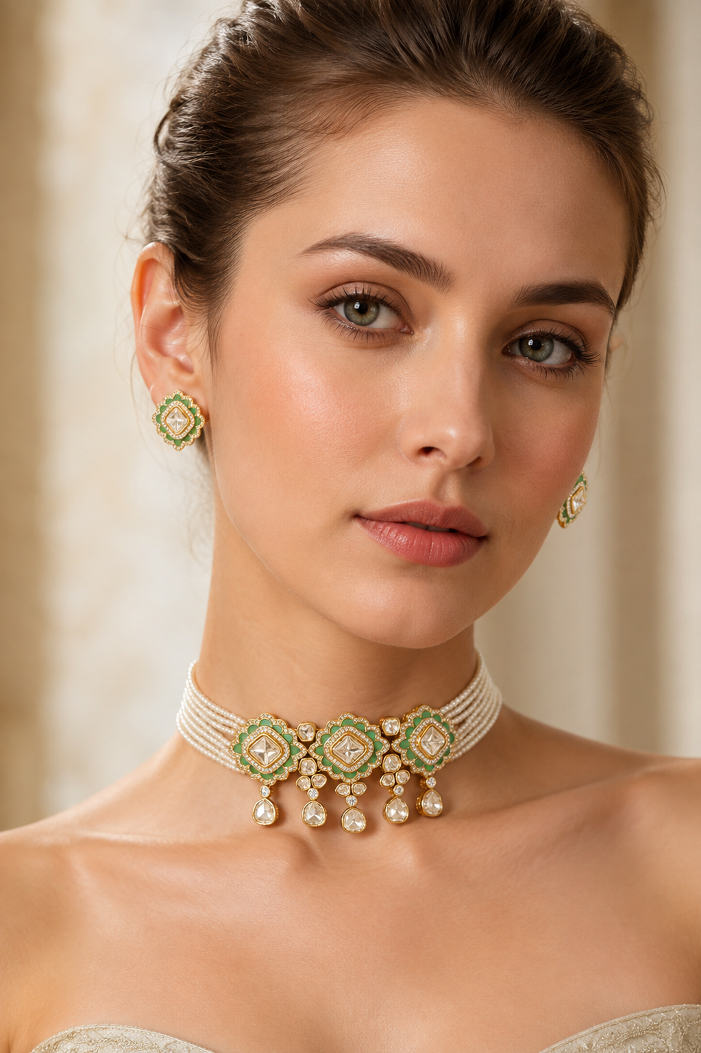 Yadavi Two Tone Finish Mint Green Polki Choker