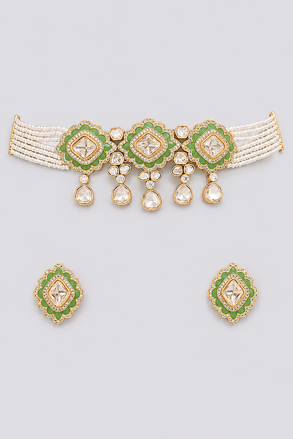 Yadavi Two Tone Finish Mint Green Polki Choker - alternate view
