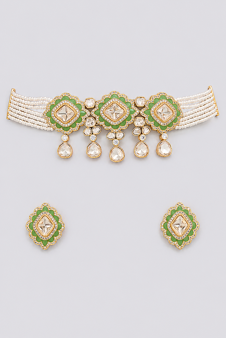Yadavi Two Tone Finish Mint Green Polki Choker