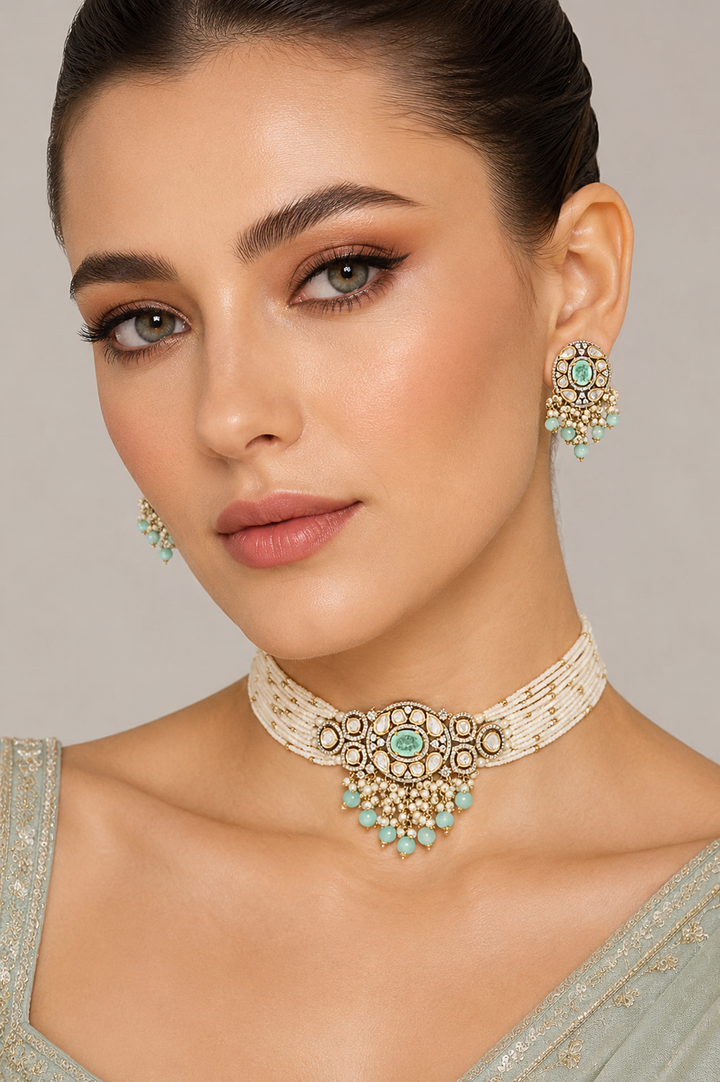 Ranu Two Tone Finish Mint Green Polki Choker