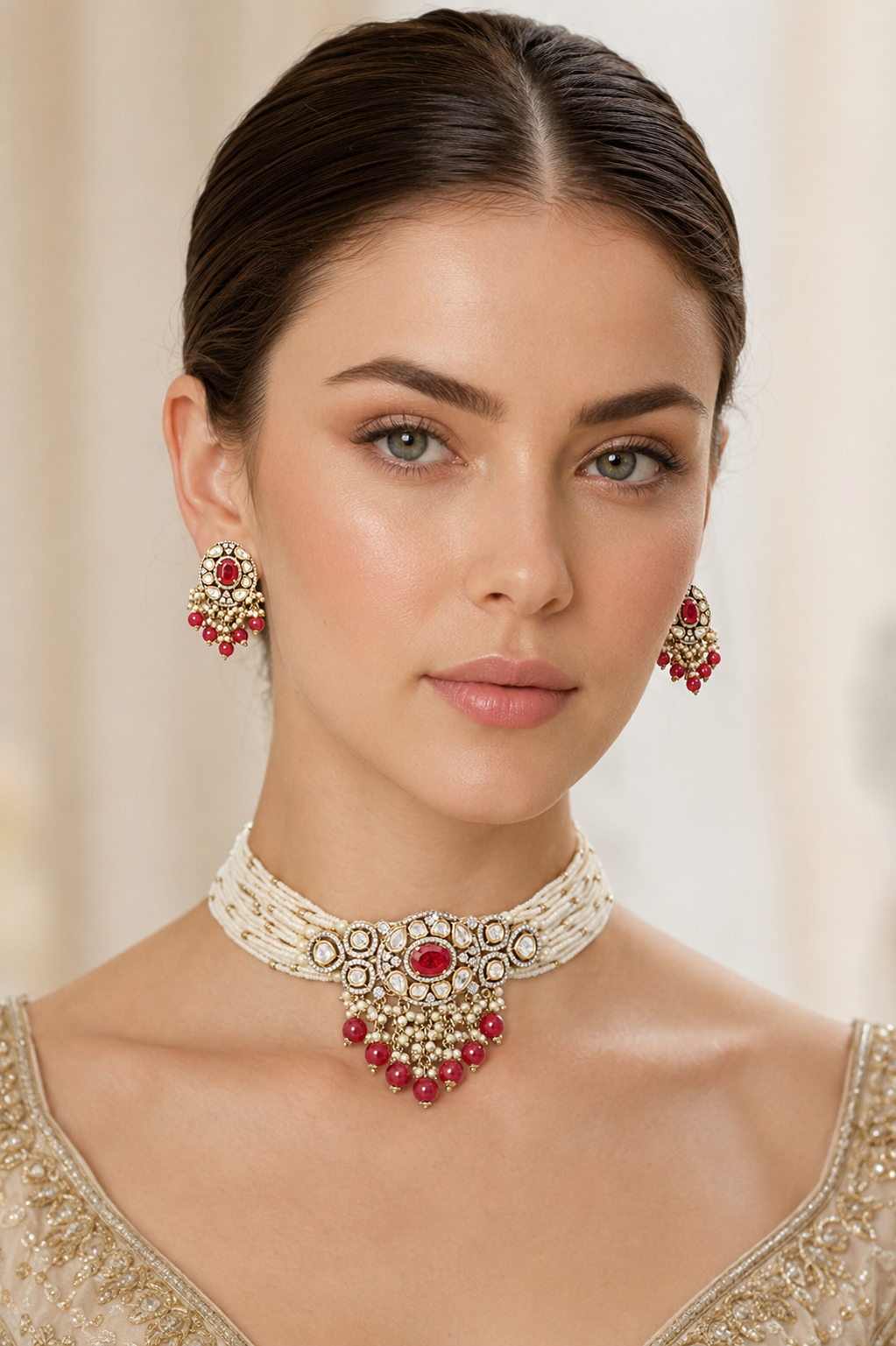 Ranu Two Tone Finish Red Polki Choker