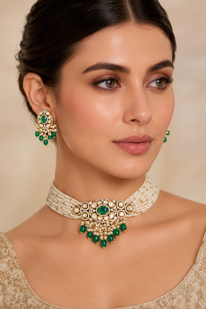 Ranu Two Tone Finish Green Polki Choker