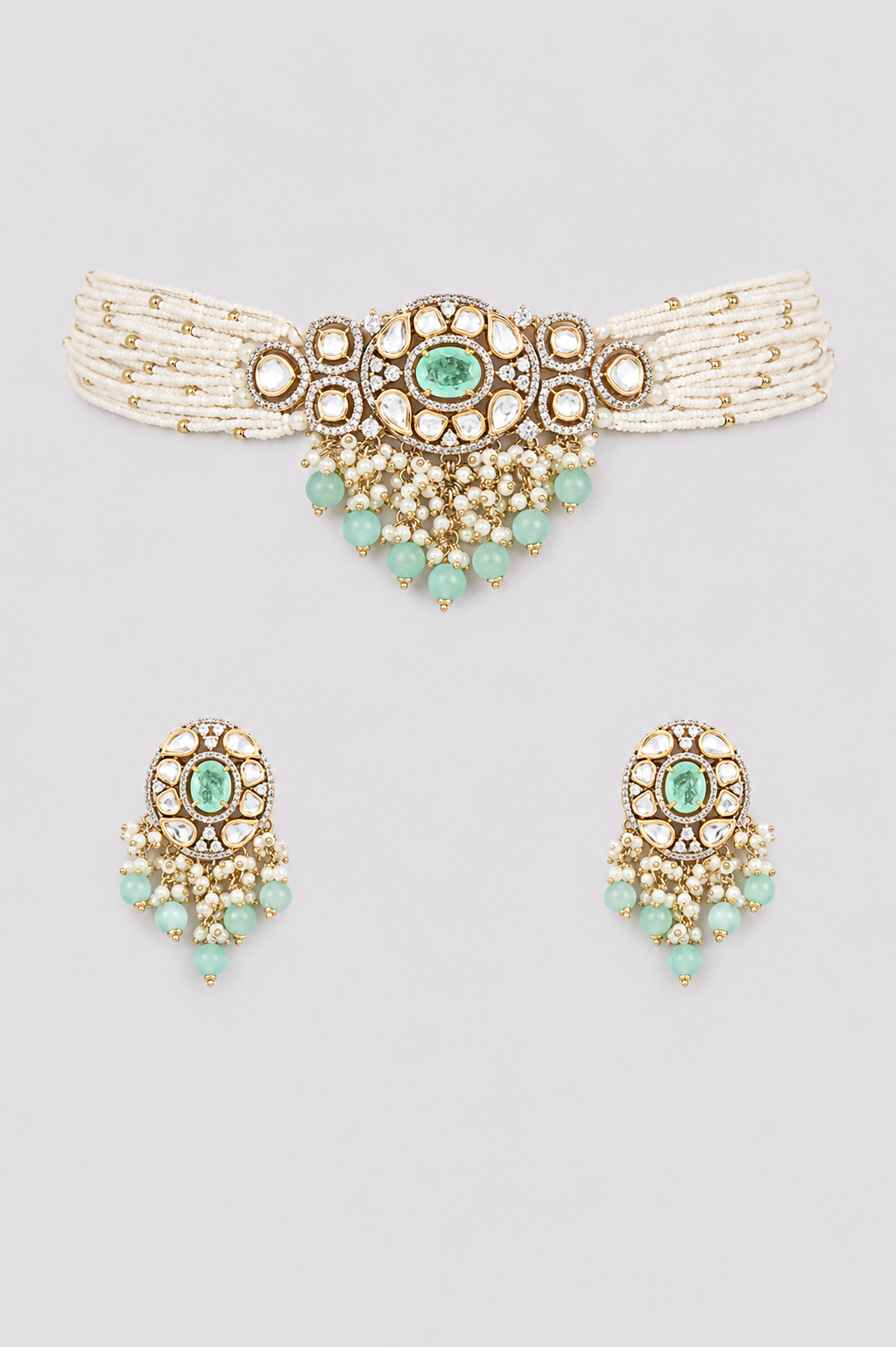 Ranu Two Tone Finish Mint Green Polki Choker
