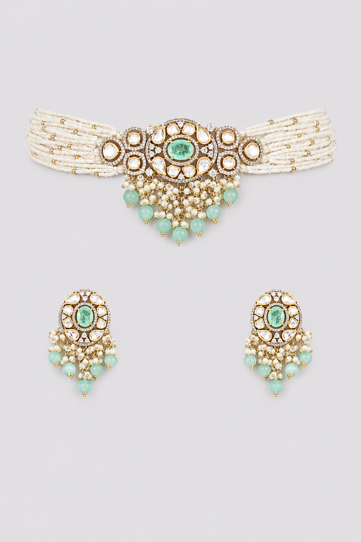 Ranu Two Tone Finish Mint Green Polki Choker