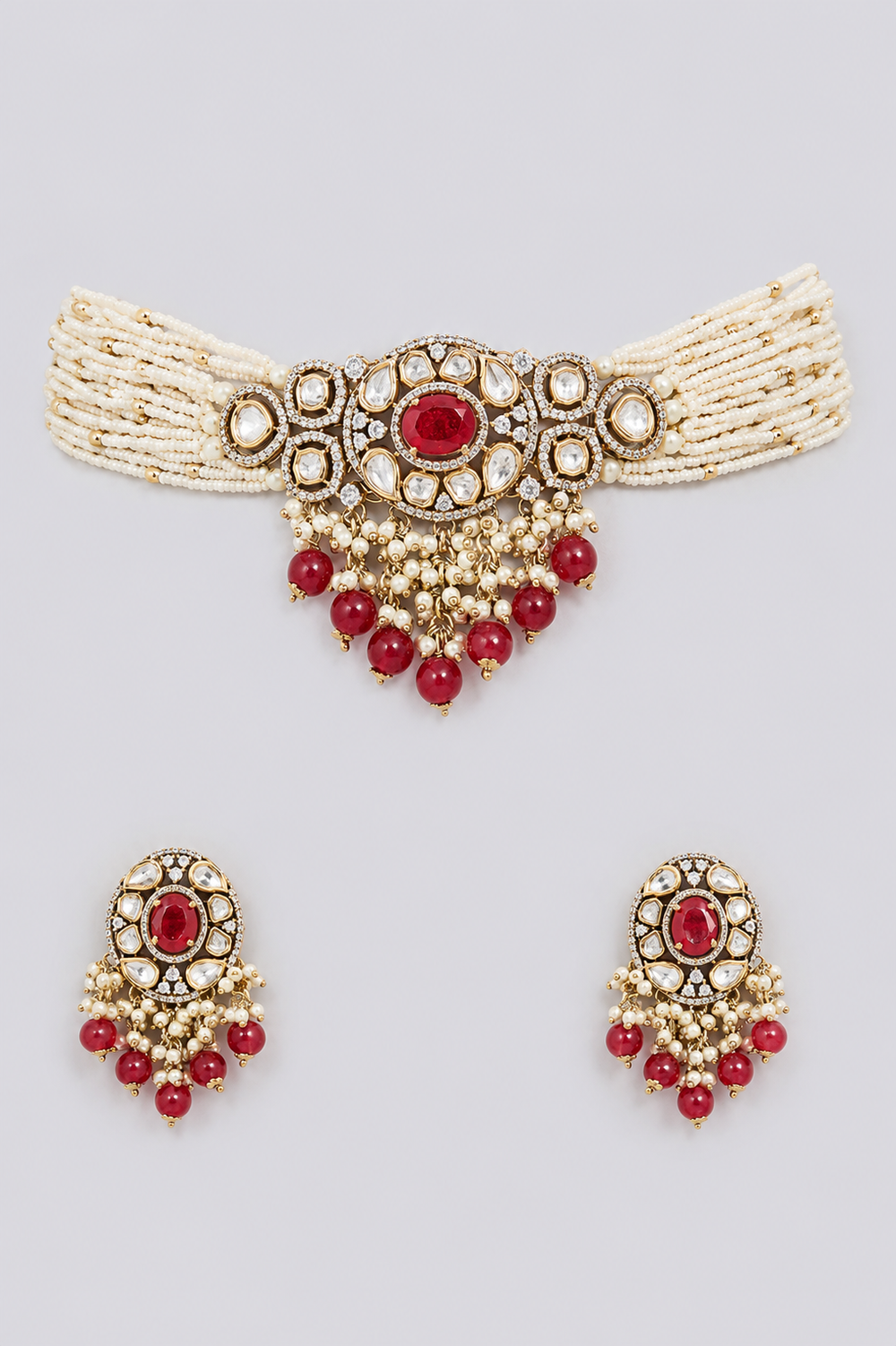 Ranu Two Tone Finish Red Polki Choker - alternate view
