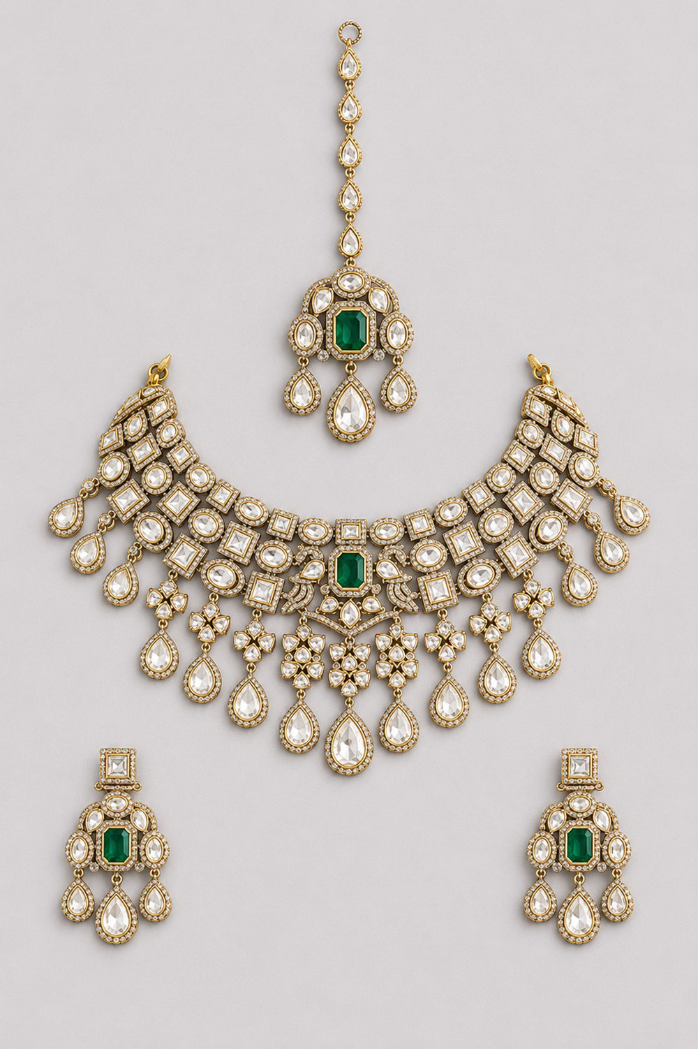 Hasrah Two Tone Finish Green Polki Necklace Set - alternate view