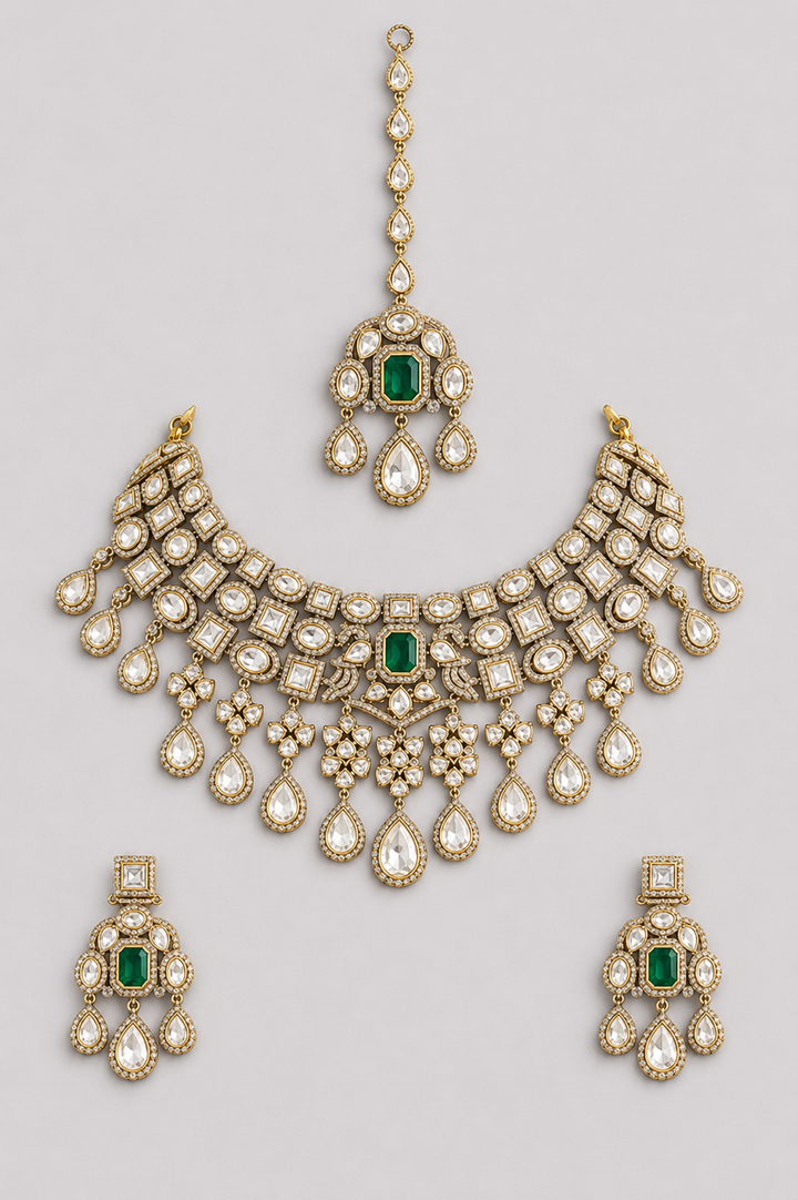 Hasrah Two Tone Finish Green Polki Necklace Set