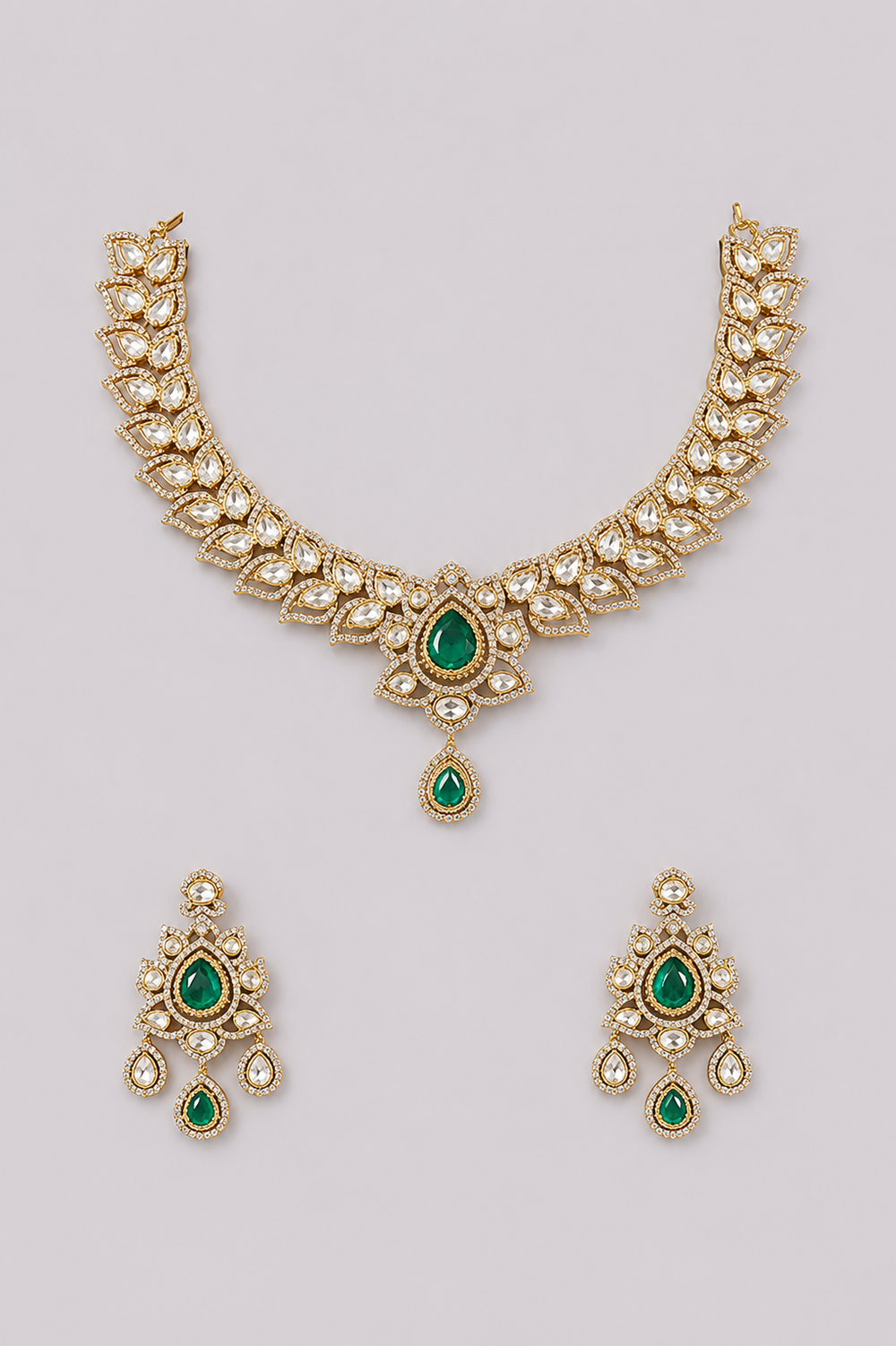 Mohiniya Two Tone Finish Green Polki Necklace Set - alternate view