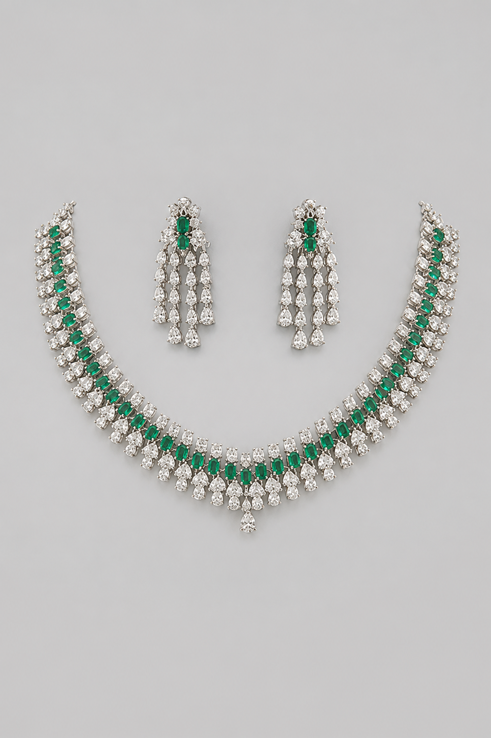 Tanushree Emerald White Finish Diamond Necklace Set - alternate view