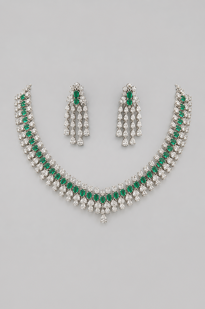 Tanushree Emerald White Finish Diamond Necklace Set