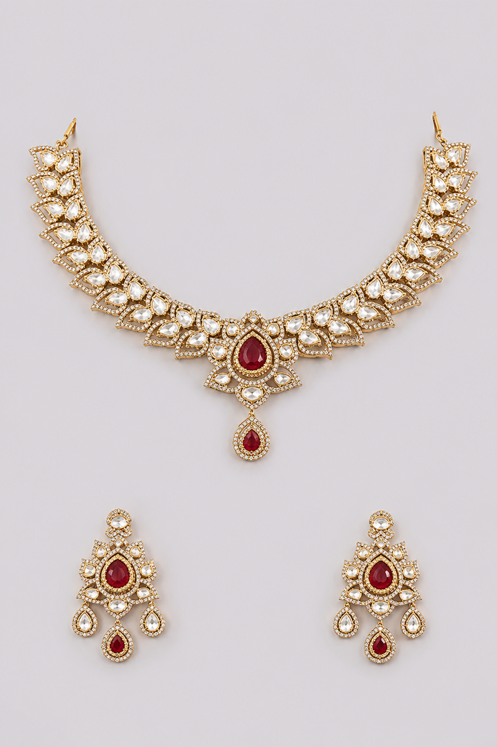 Mohiniya Two Tone Finish Red Polki Necklace Set