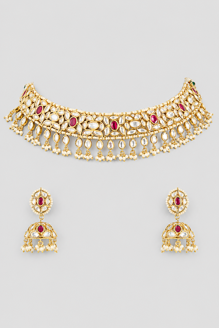 Swarnikaa Red Gold Finish Kundan Necklace Set