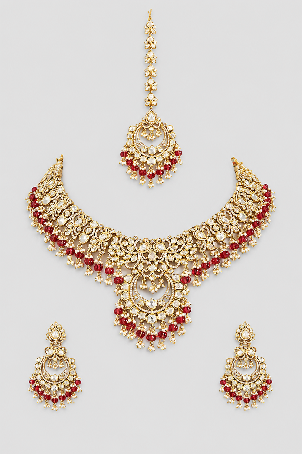 Rajeshwari Two Tone Finish Red Polki Bridal Set - alternate view