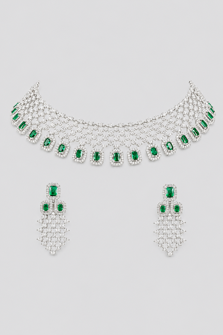Ridhira Emerald White Finish Diamond Necklace Set