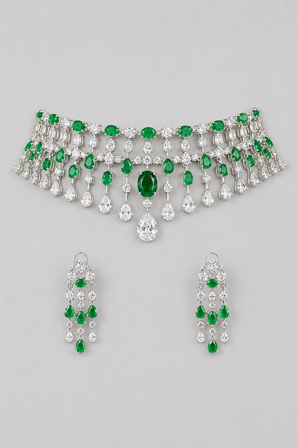 Anvita Emerald White Finish Diamond Necklace Set - alternate view