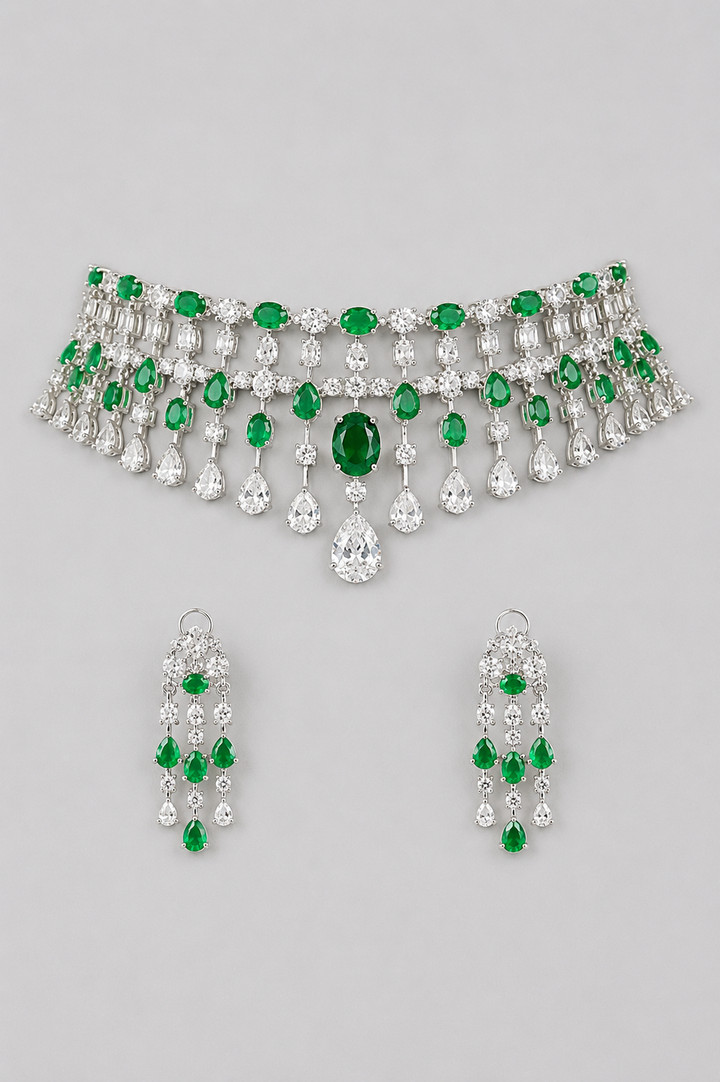 Anvita Emerald White Finish Diamond Necklace Set