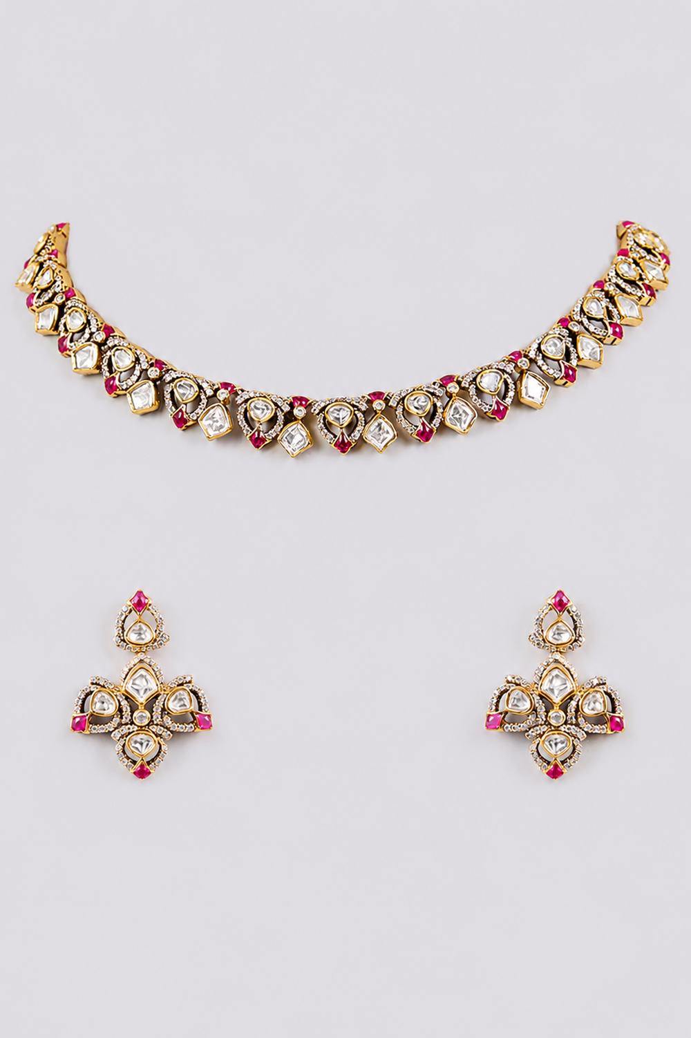 Trishaani Red Two Tone Finish Polki Necklace Set - alternate view