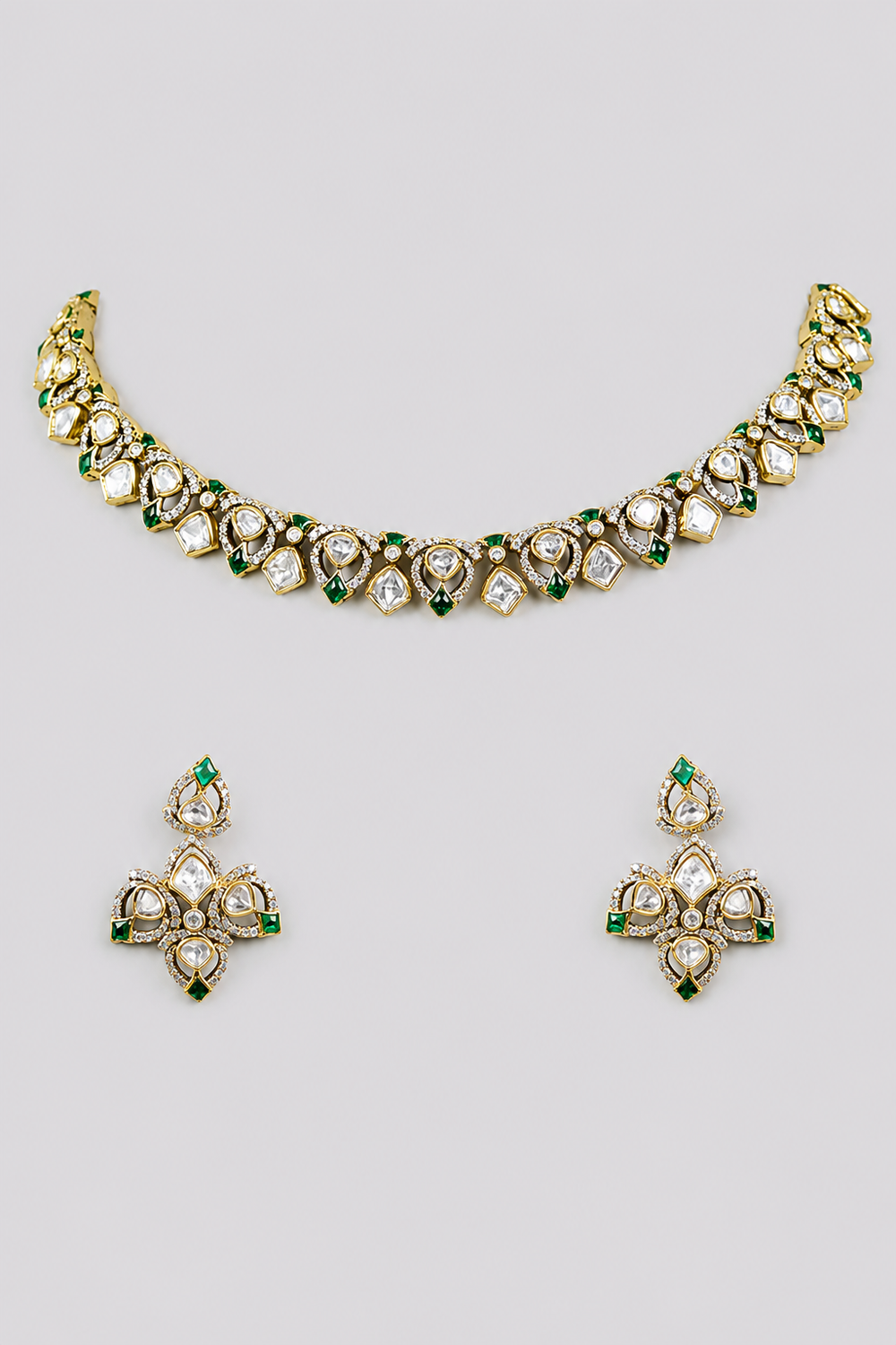 Trishaani Green Two Tone Finish Polki Necklace Set - alternate view