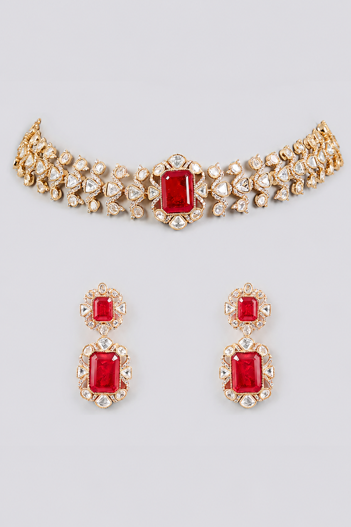 Saanvika Red Kundan Necklace Set