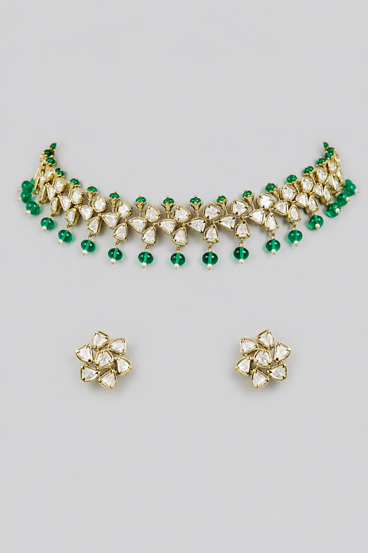 Tarasha Green Two Tone Finish Polki Necklace Set