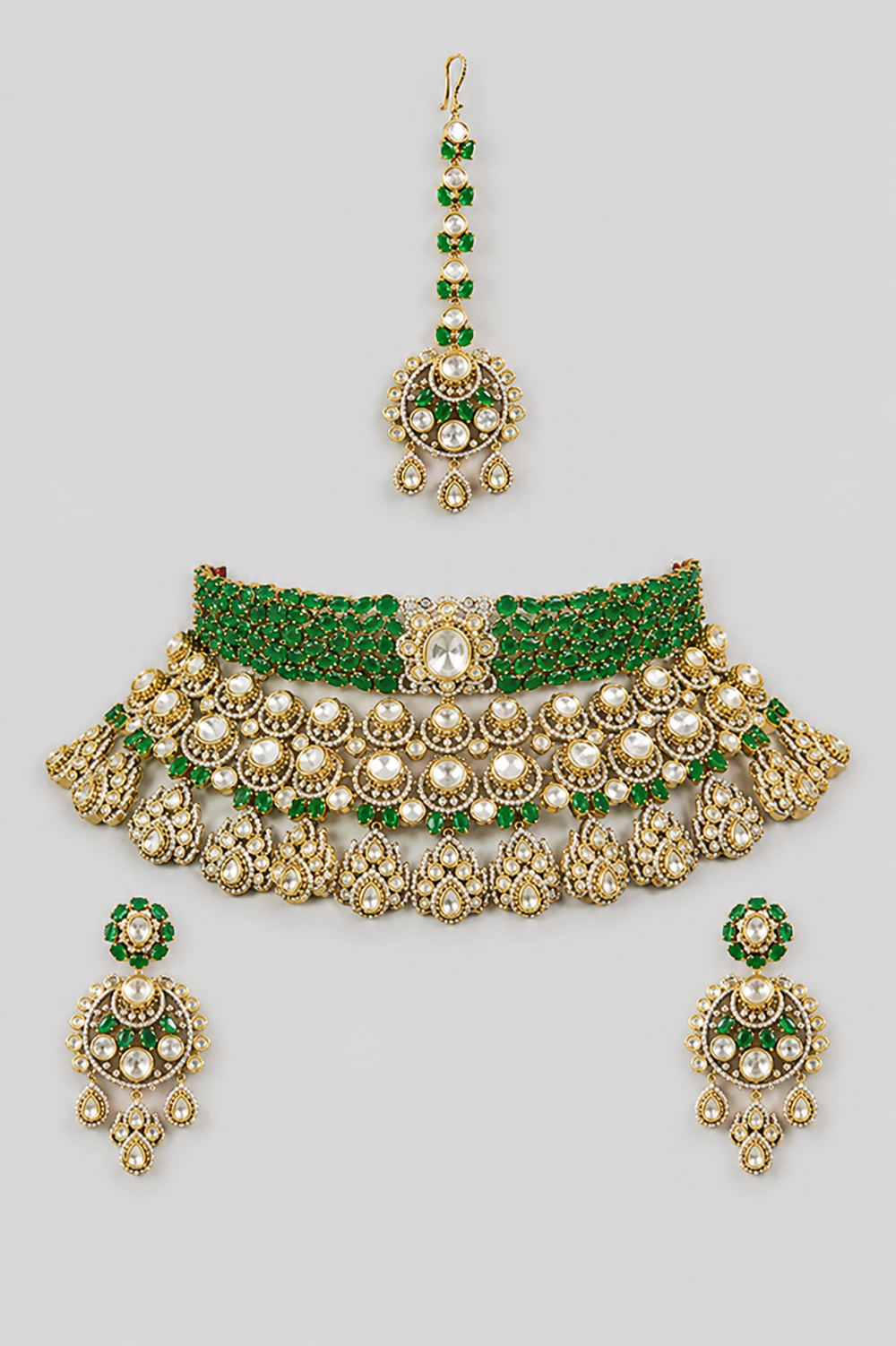 Aarika Two Tone Finish Green Polki Bridal Set - alternate view