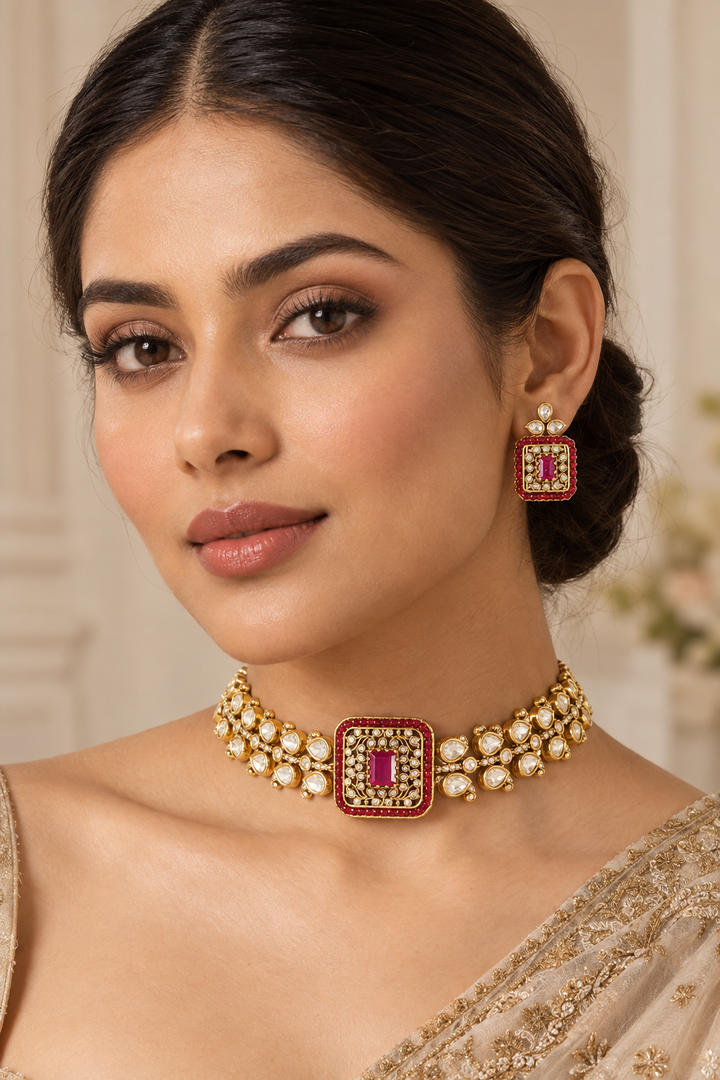 Anvitha Two Tone Finish Red Polki Choker