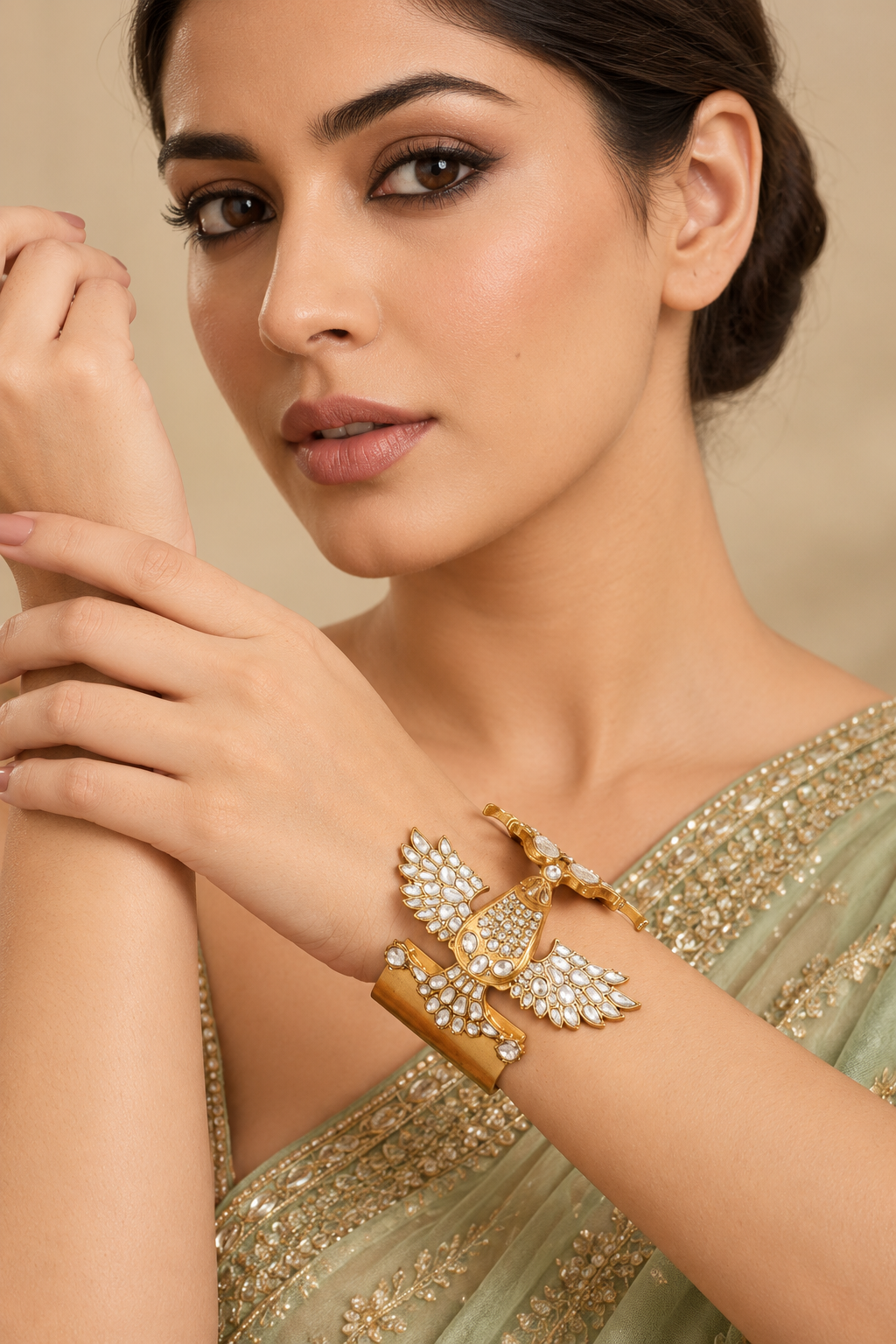 Yamina Bird Metal Kundan Cuff Bracelet