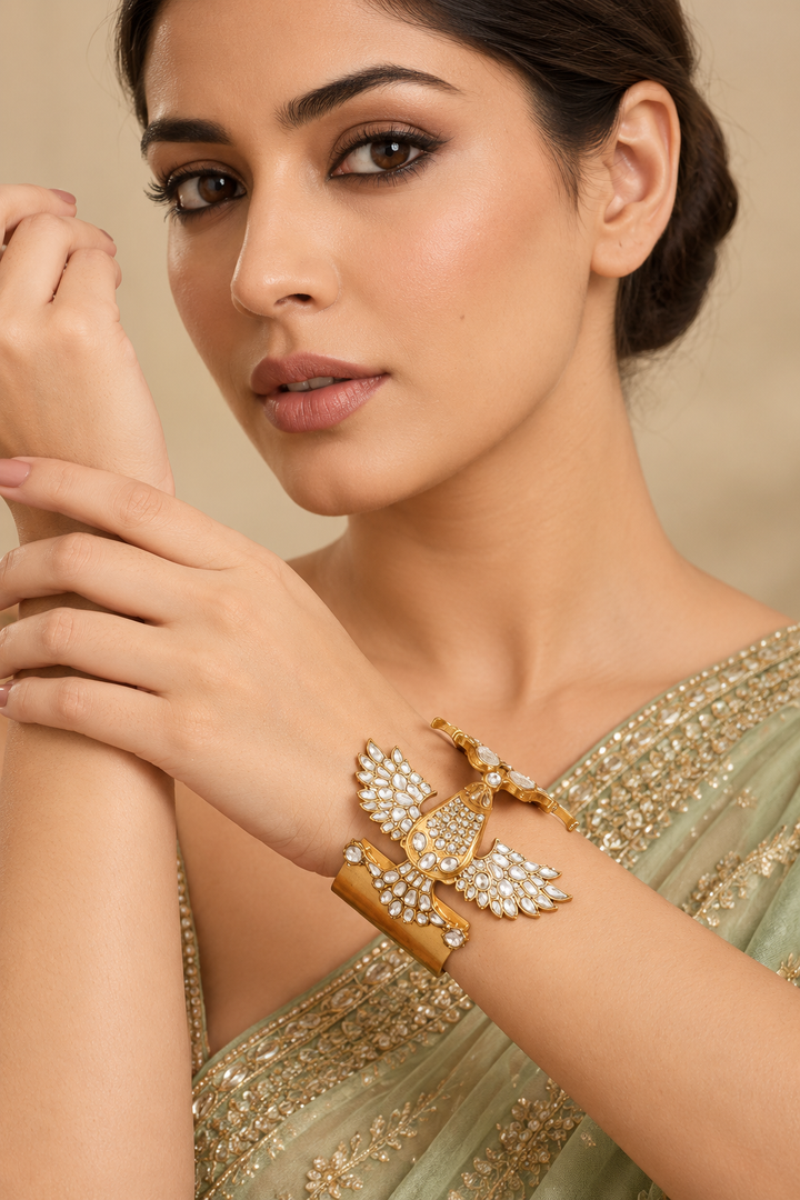 Yamina Bird Metal Kundan Cuff Bracelet