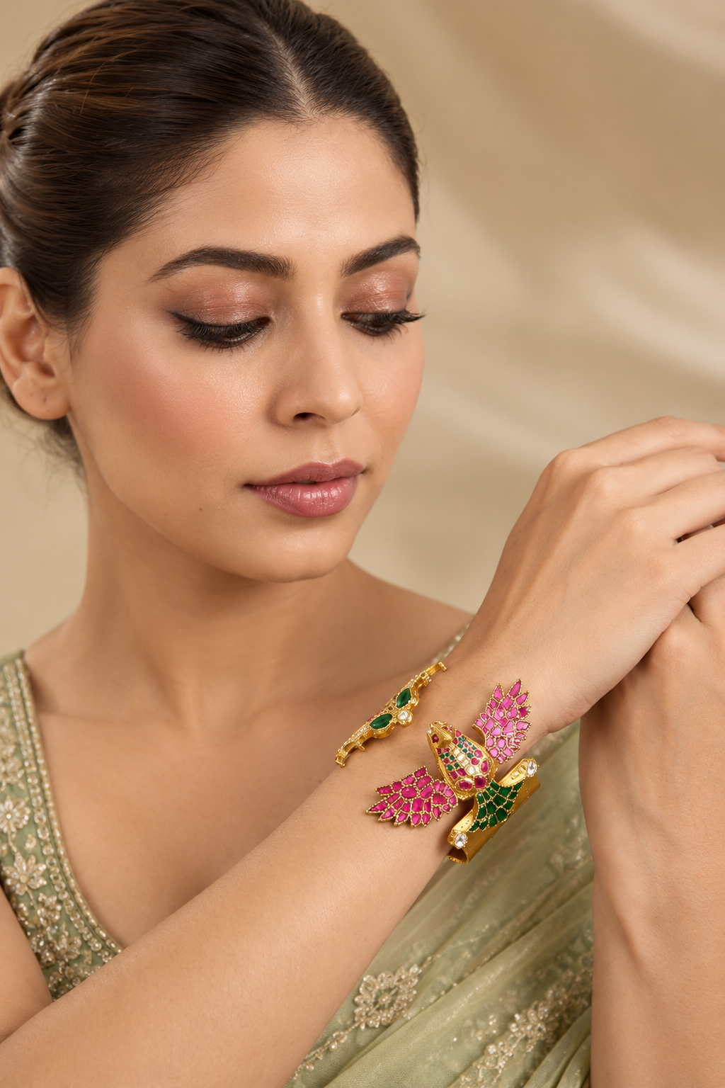 Yamina Multicolor Bird Metal Kundan Cuff Bracelet