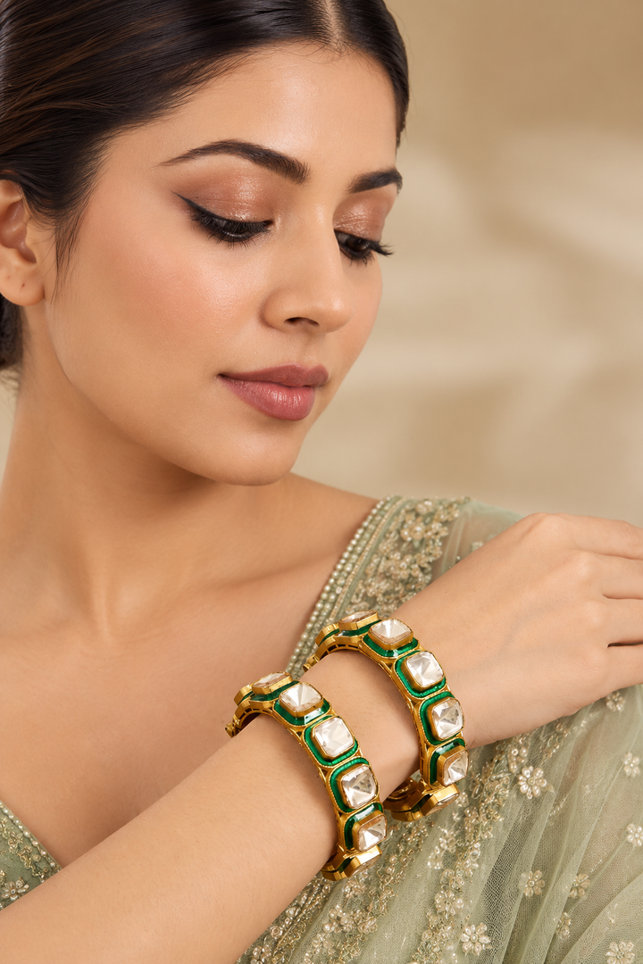 Saumika Green Kundan Polki Meenakari Kadas