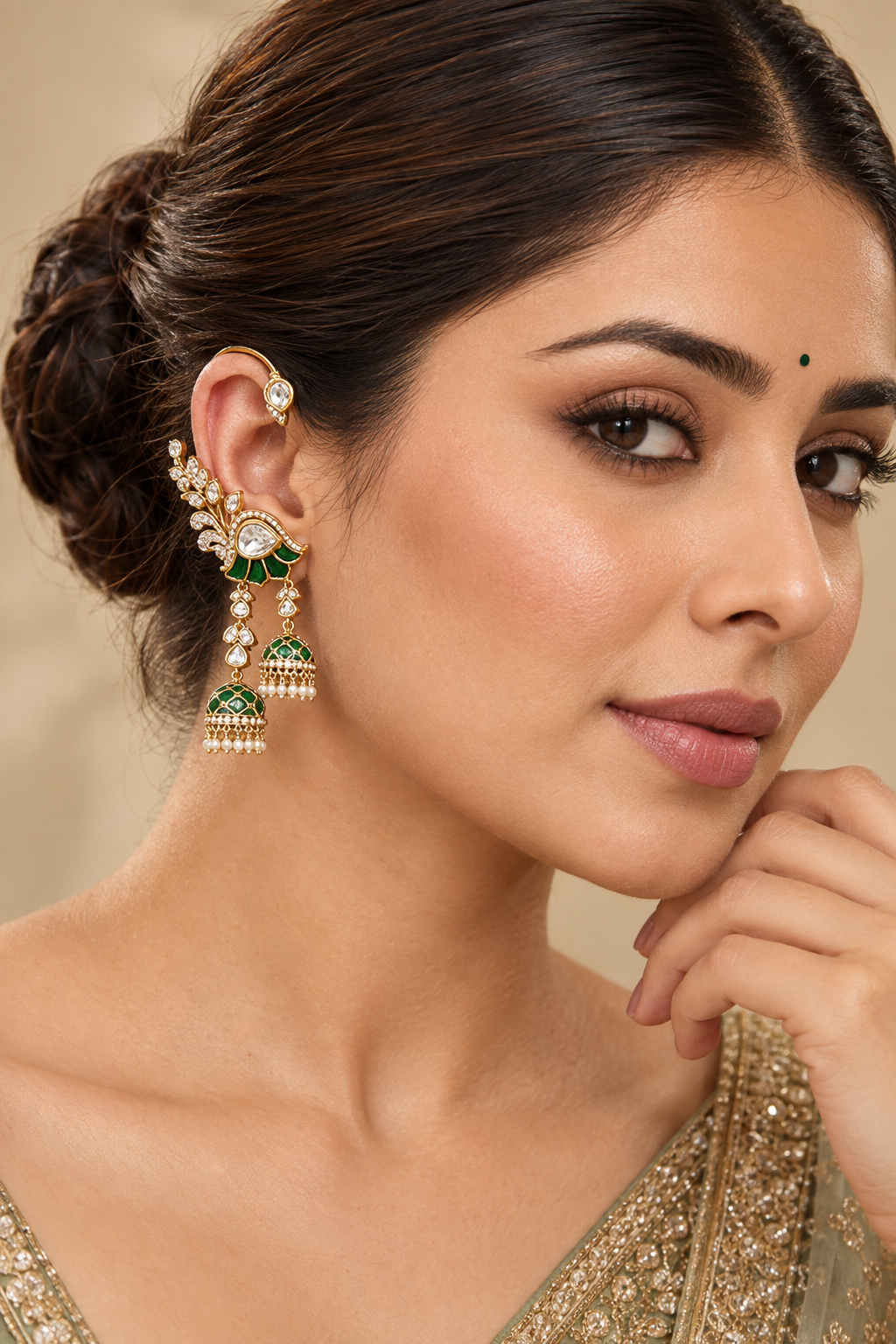 Alaya Green Meenakari Kundan Earcuffs