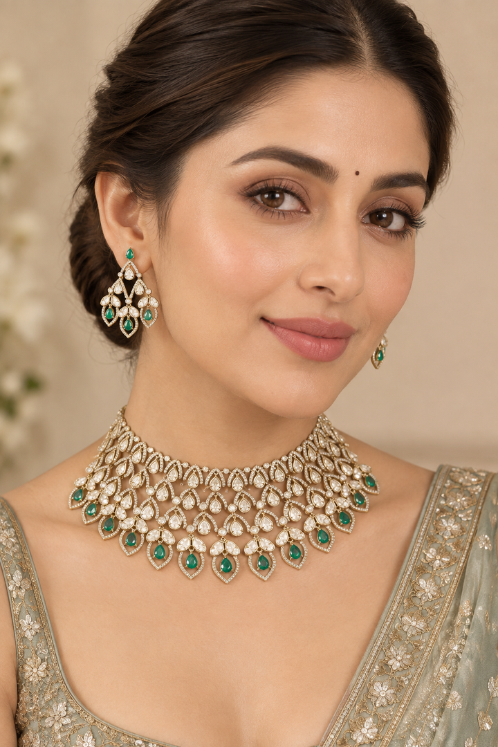 Hansika Two Tone Finish Green Polki Bridal Set