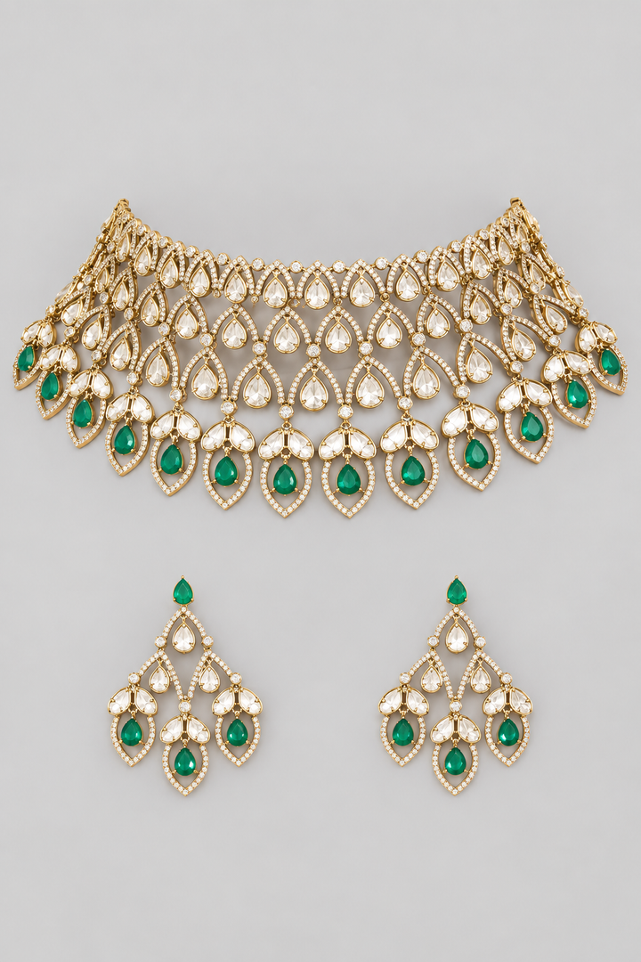 Hansika Two Tone Finish Green Polki Bridal Set