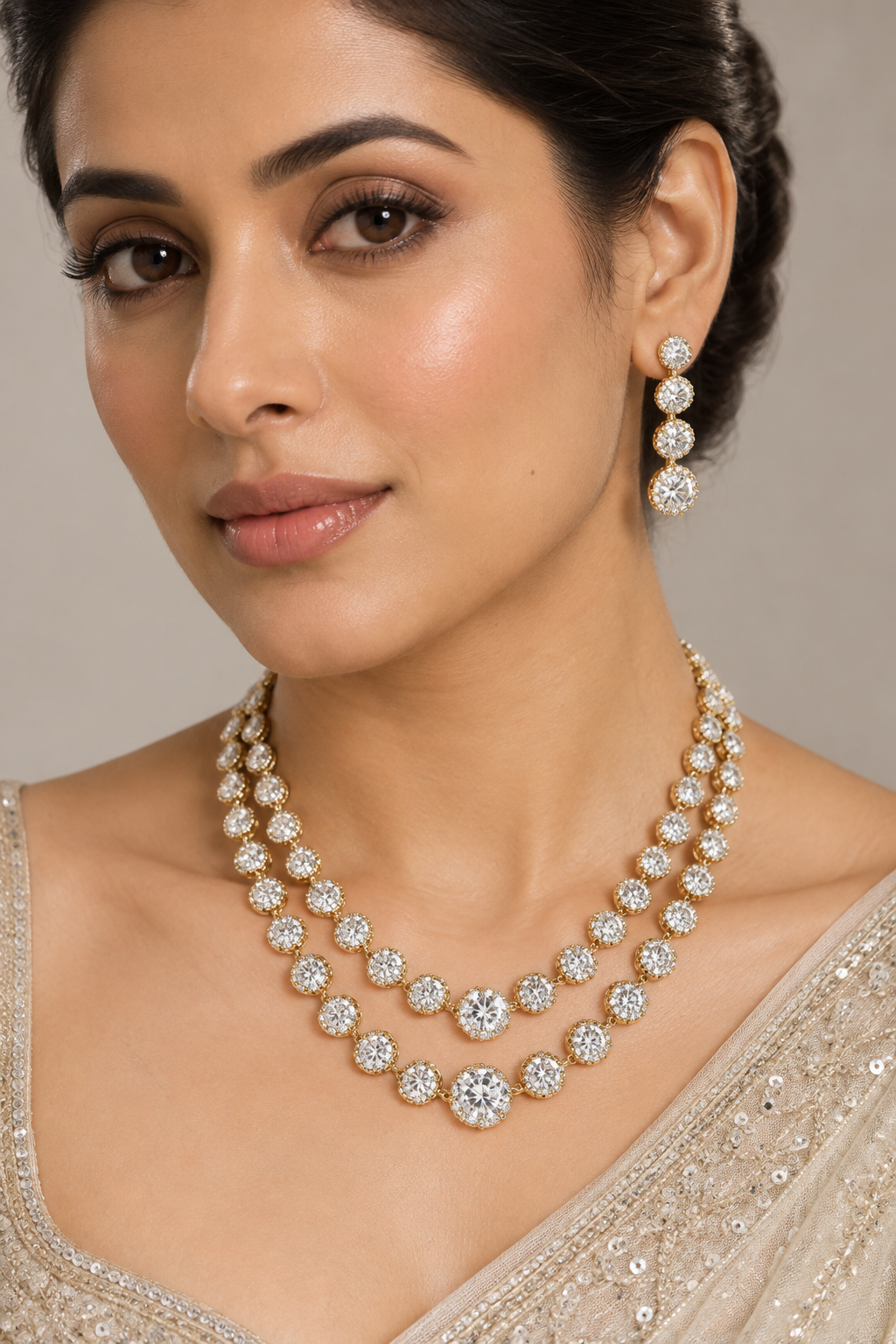 Inu White Finish American Diamond Long Set