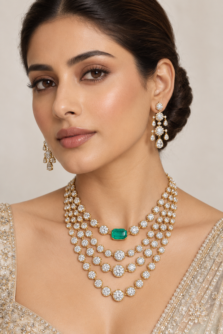 Mahi Emerald White Finish American Diamond Long Set