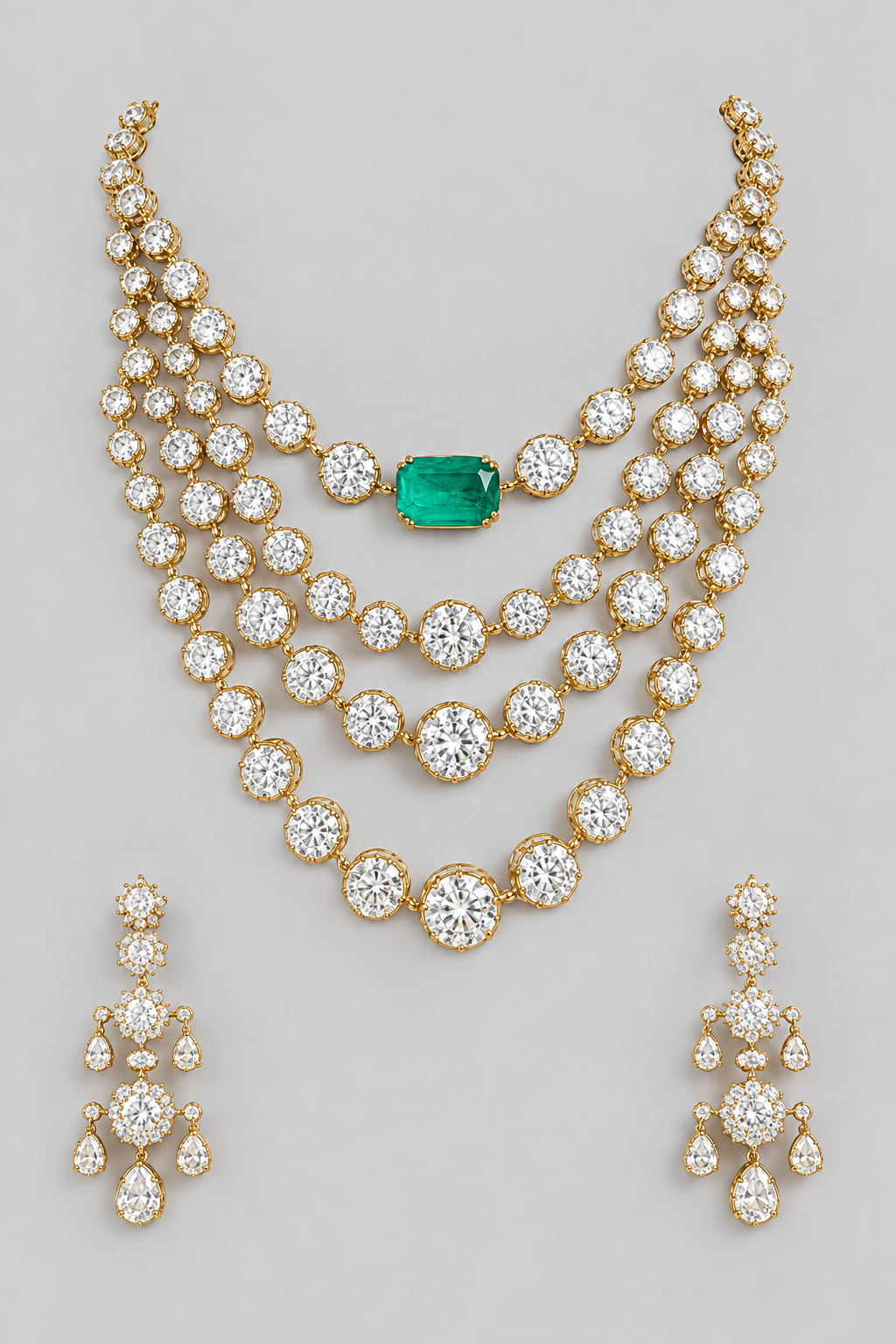 Mahi Emerald White Finish American Diamond Long Set