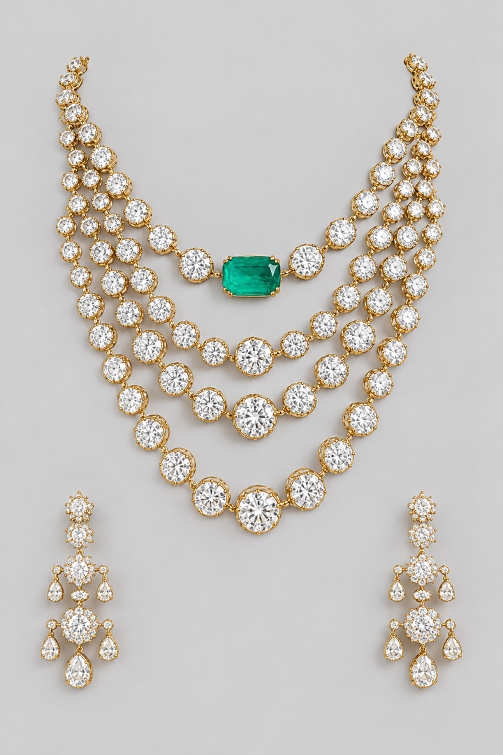 Mahi Emerald White Finish American Diamond Long Set