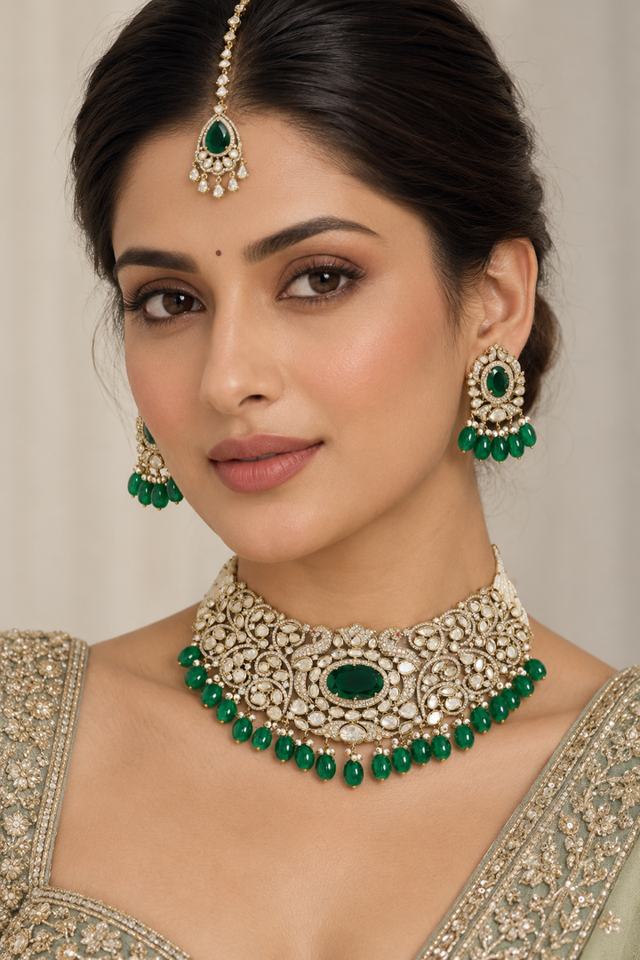 Bhagyashree Two Tone Finish Green Polki Choker