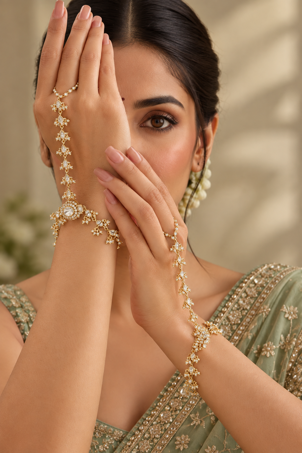 Gaurika Gold Finish Pearl Kundan Hathphool