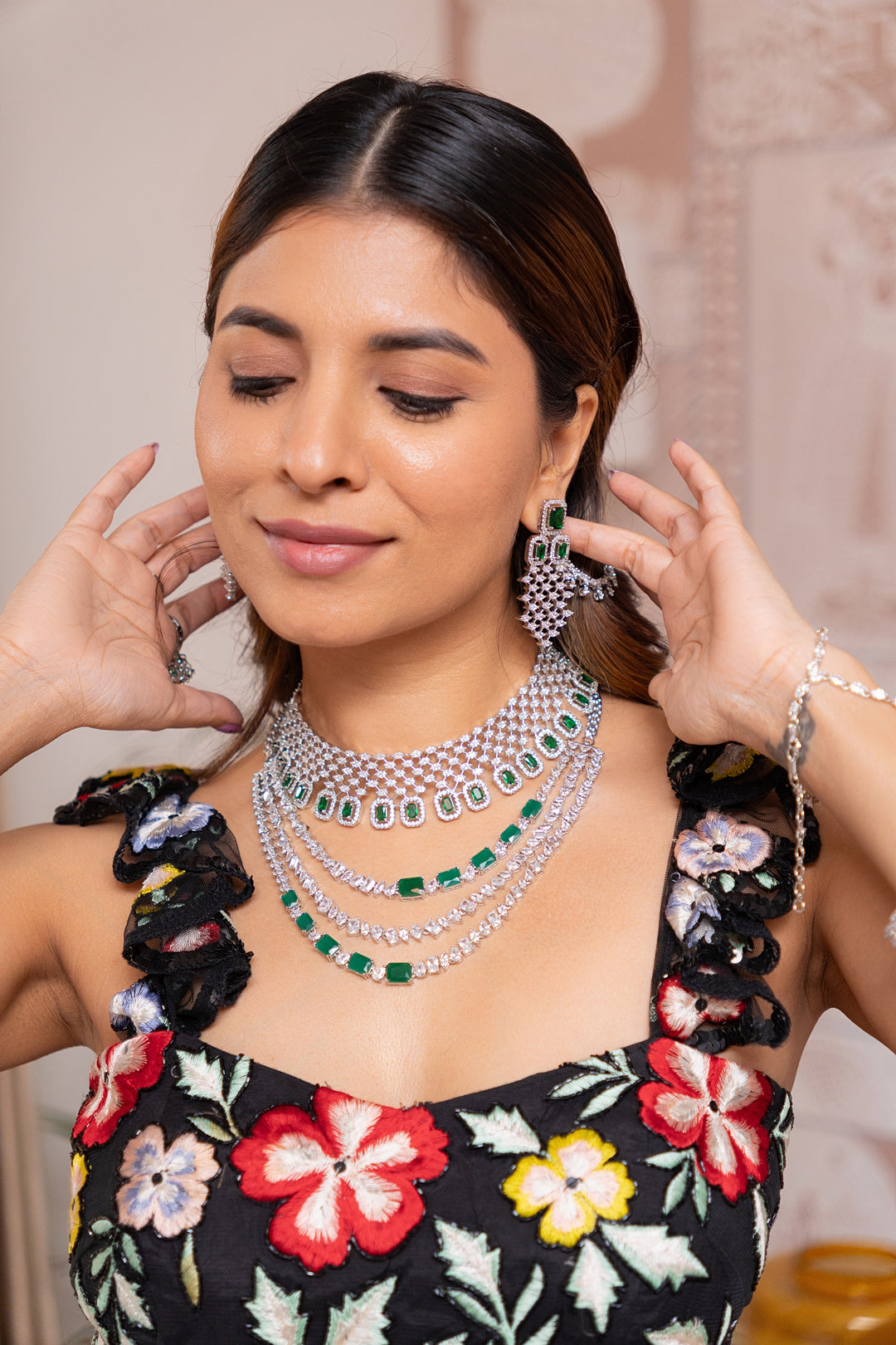 Ridhira Emerald White Finish Diamond Necklace Set